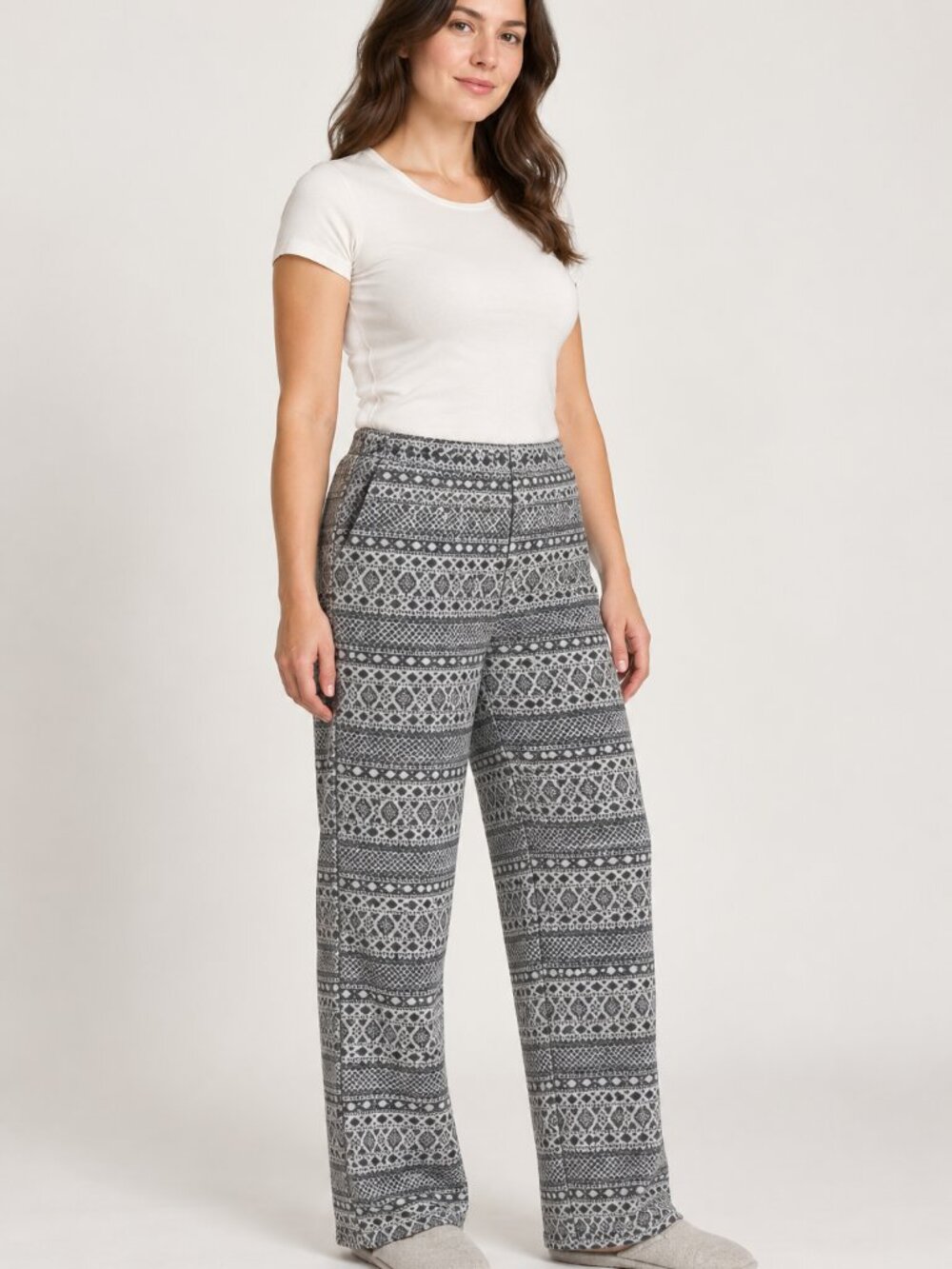 Cuddl Duds Gray Geometric Print Lounge Pants Size L Stretch Fit Pull On